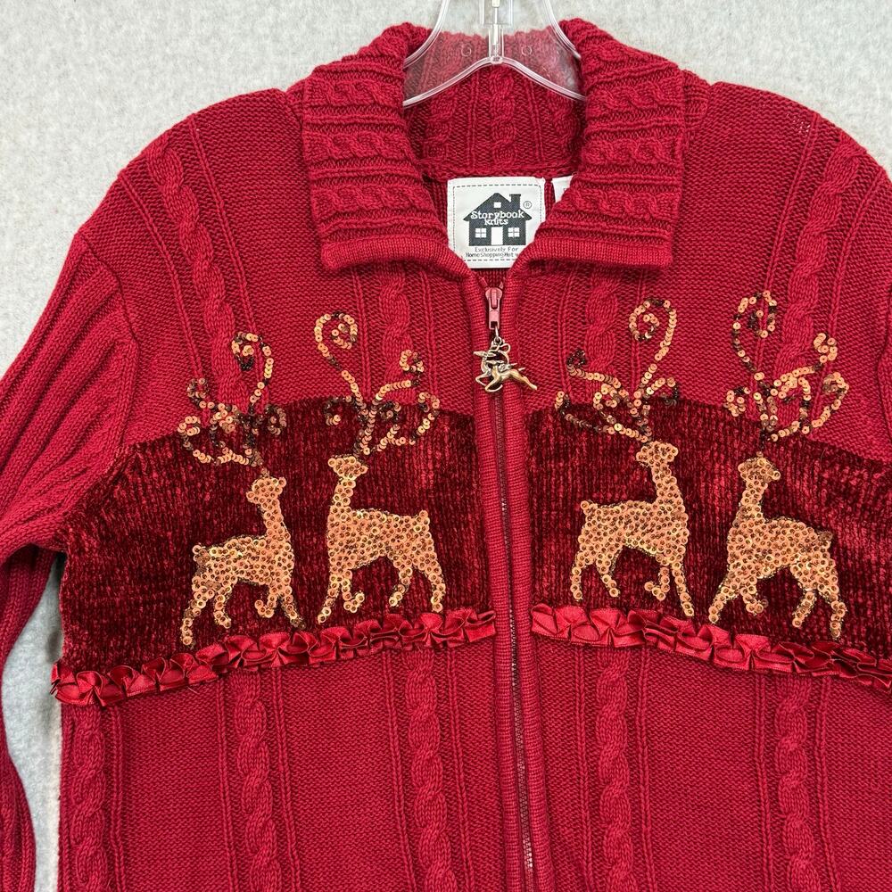 Vtg Storybook Knits Prancing Reindeer Sweater Size L Cableknit Sequin Chenille
